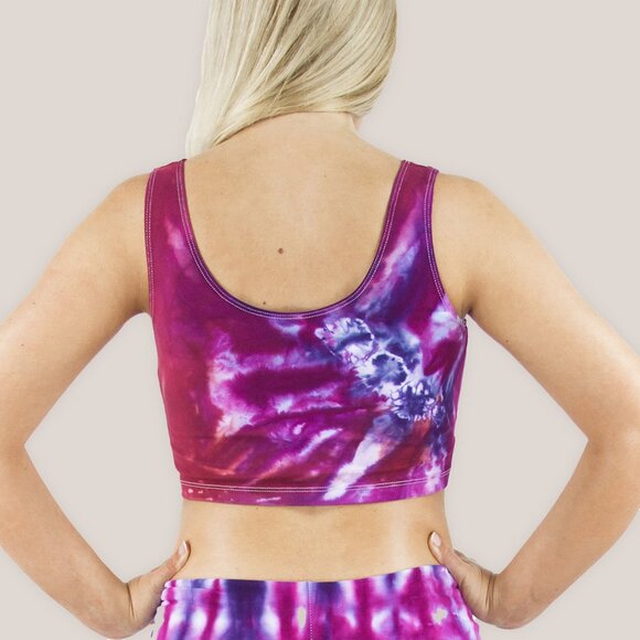 Cortez Tie Dye Crop Tank | Pink and Purple Hand-Dyed Cotton Yoga Crop Top Shirt - Picture 3 of 3